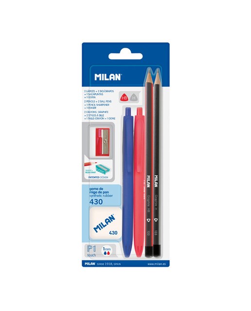Pack de 2 Canetas Esferográficas P1 Touch (Azul/Vermelho) + 2 Lápis Grafite HB e H + Borracha 430 + Afia Multicolor-1