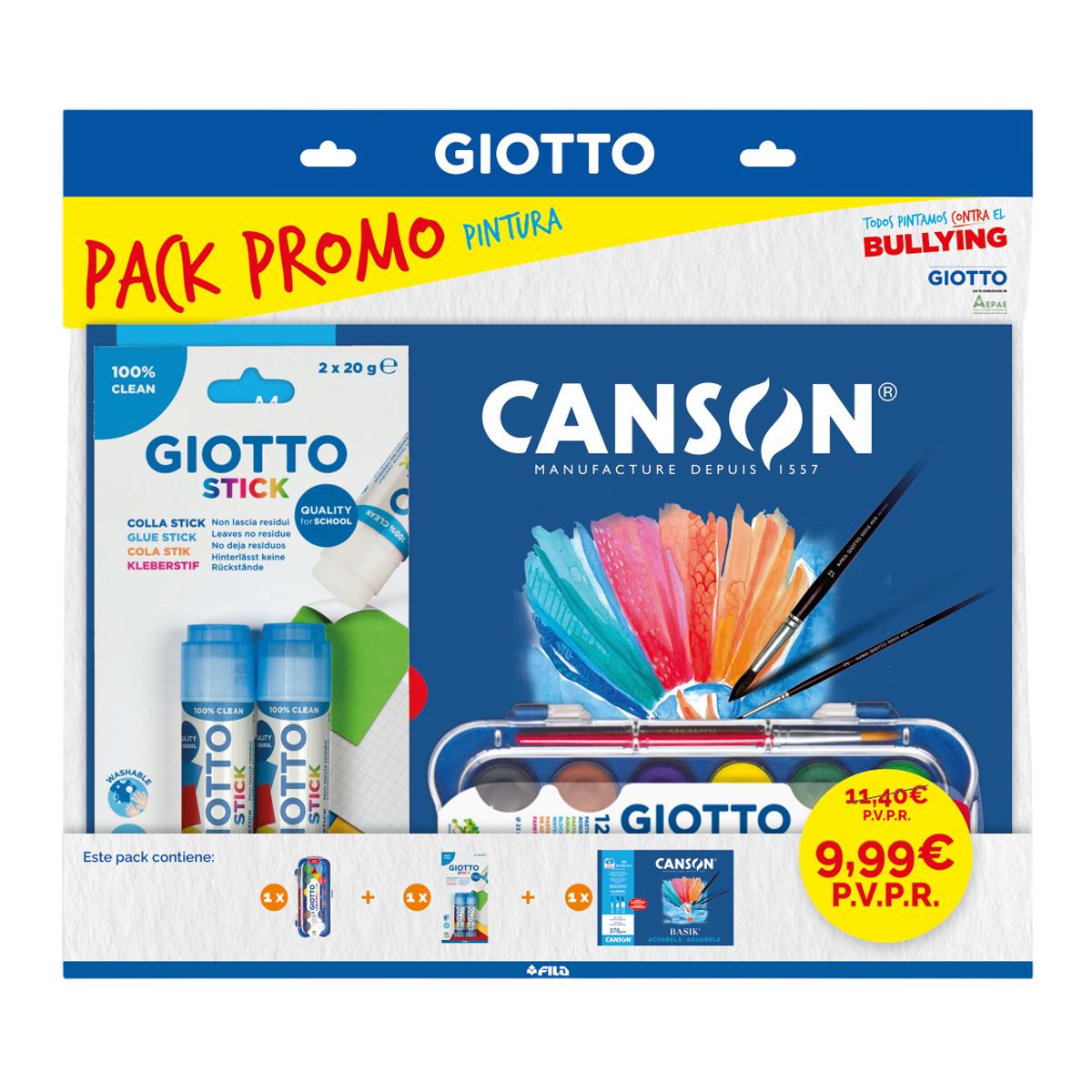 Imagen 0 de Pack oferta acuarela 12 unidades acuarela min, blister 2 sticks cola 20gr, minipack acuarela Basik, Giotto & Canson