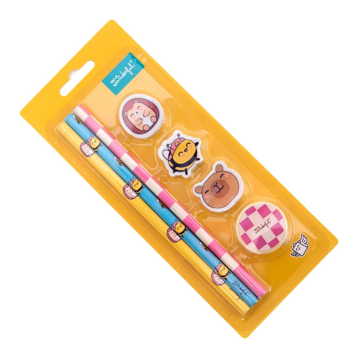 Set de 3 lápices + 3 gomas de borrar + 1 sacapuntas Mr Wonderful Wonder Comic Multicolor-3