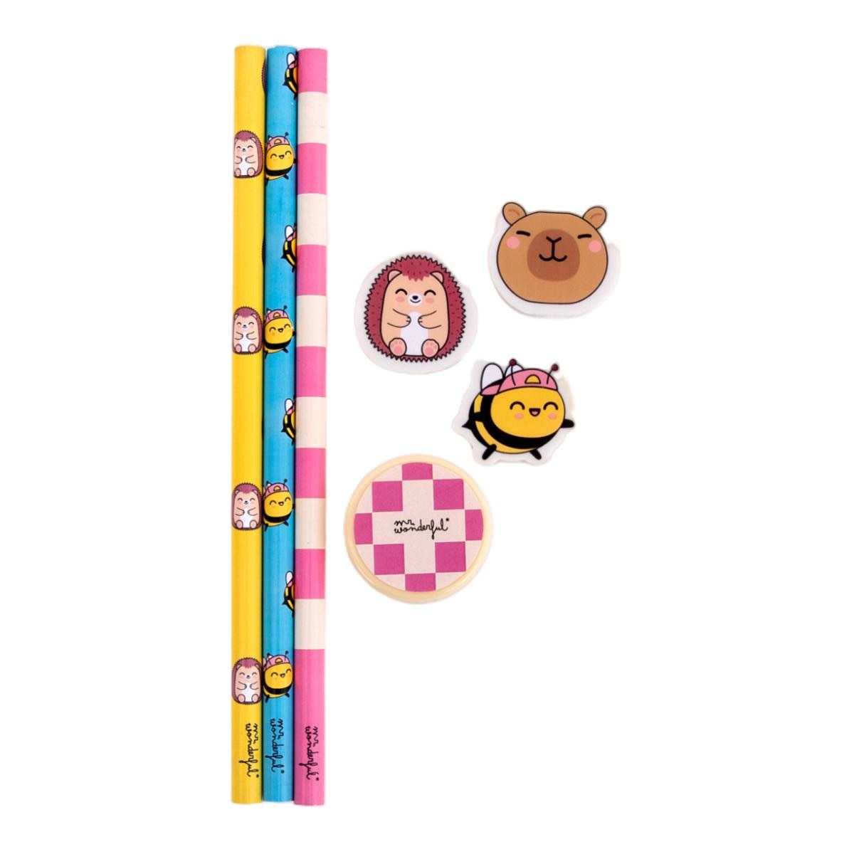 Set de 3 lápices + 3 gomas de borrar + 1 sacapuntas Mr Wonderful Wonder Comic Multicolor-4