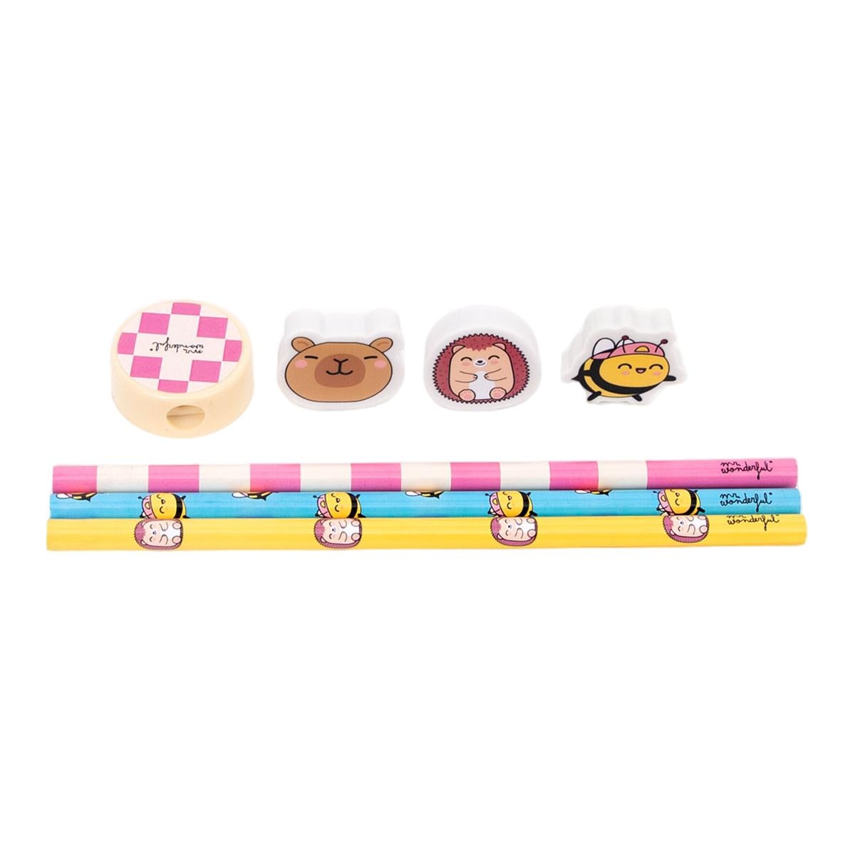 Set de 3 lápices + 3 gomas de borrar + 1 sacapuntas Mr Wonderful Wonder Comic Multicolor-5