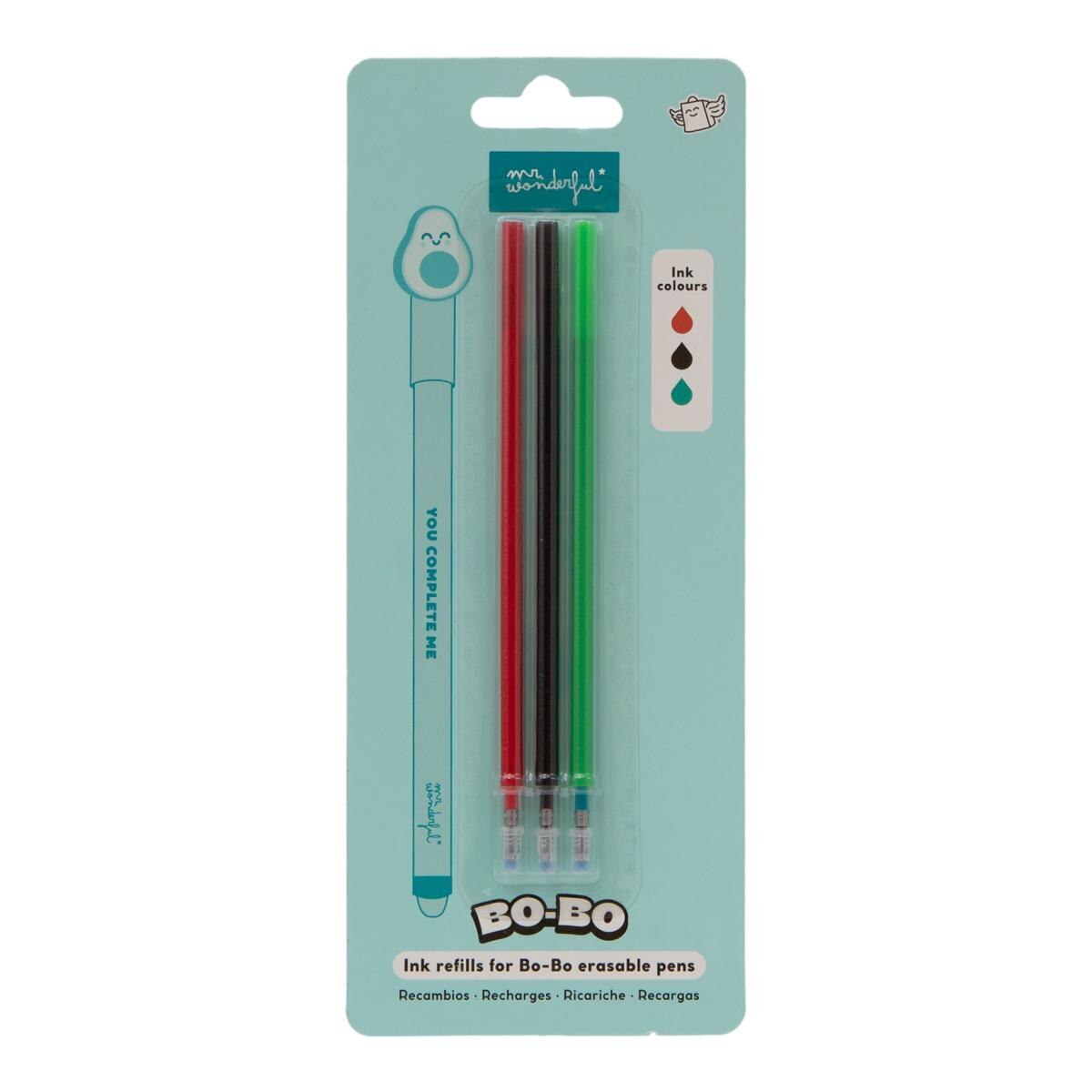 Conjunto Mr Wonderful com 3 recargas de tinta para canetas apagáveis BoBo  Vermelho, preto e verde. 3