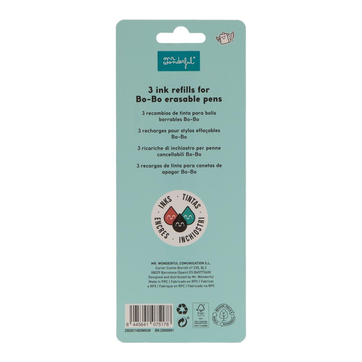 Conjunto Mr Wonderful com 3 recargas de tinta para canetas apagáveis BoBo  Vermelho, preto e verde. 4