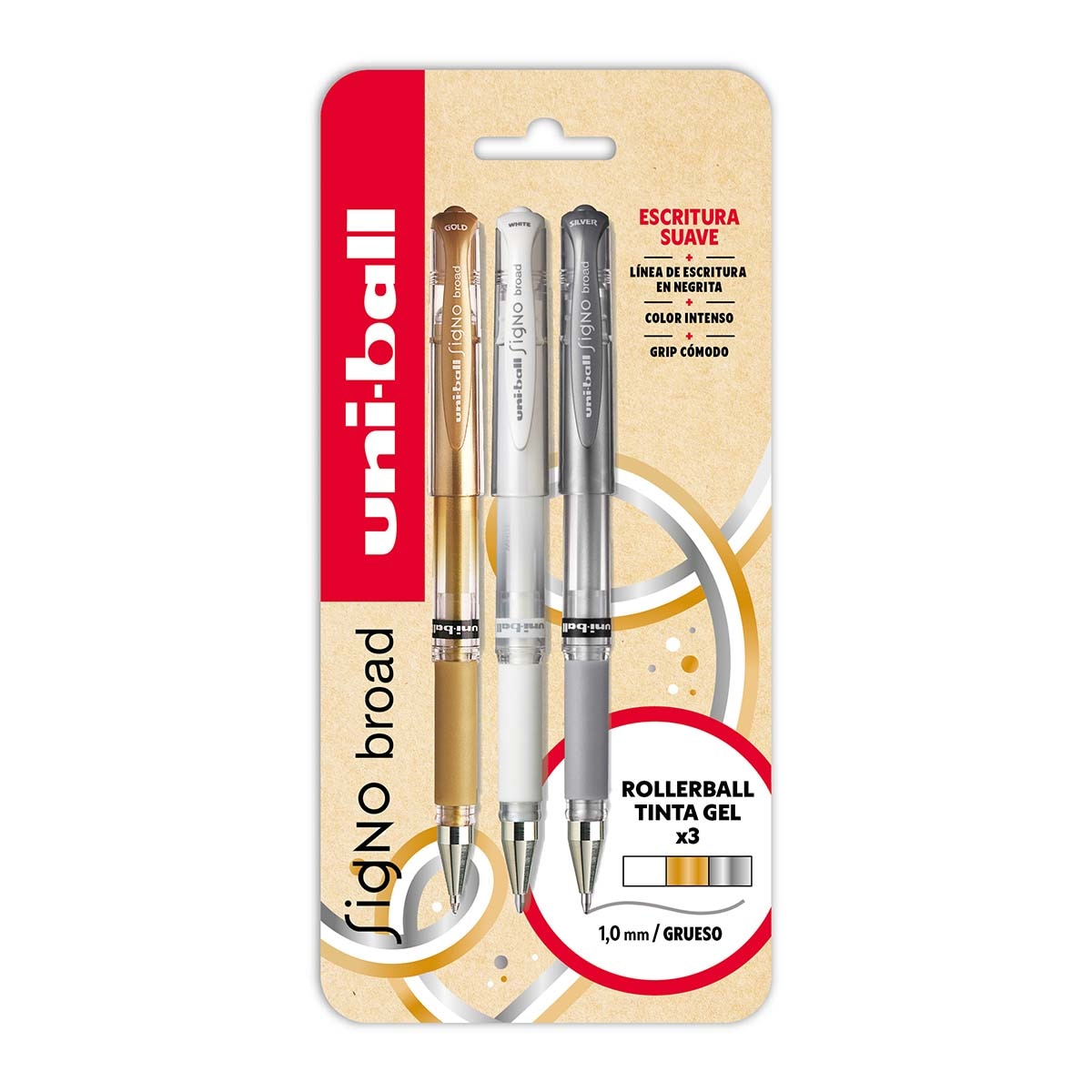 Imagen 0 de Blister 3 unidades rollerballs tinta gel Uni-ball Signo Broad 1,0mm (oro, blanco y plata)