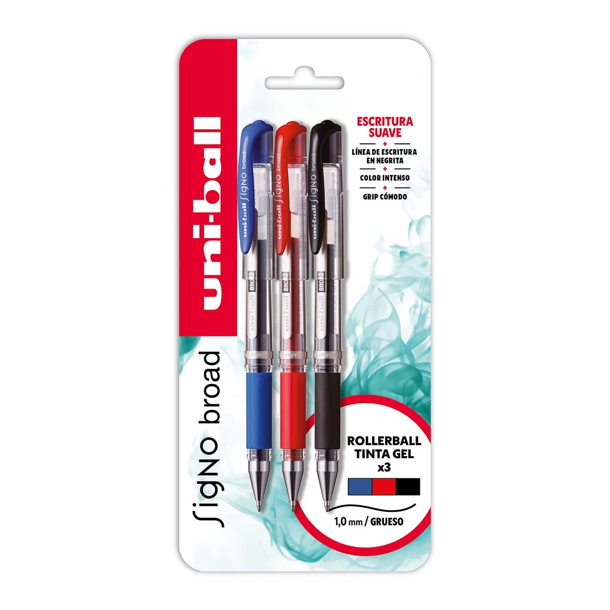 Blister 3 unidades rollerballs tinta gel Uni-ball Signo Broad 1,0mm (azul, rojo y negro) 1