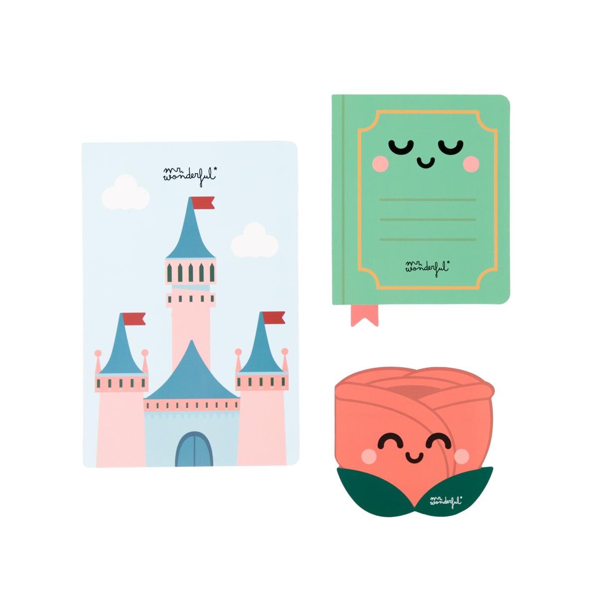 Set de 3 bloques de notas  Mr Wonderful Castillo, libro y rosa Verde-3