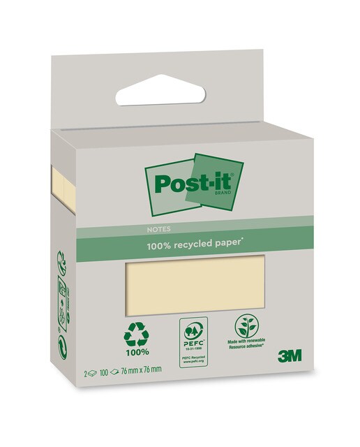 Imagen 0 de Pack de 2 Blocs de Notas Adhesivas Reposicionables Recicladas 76x76mm Post-it Amarillo