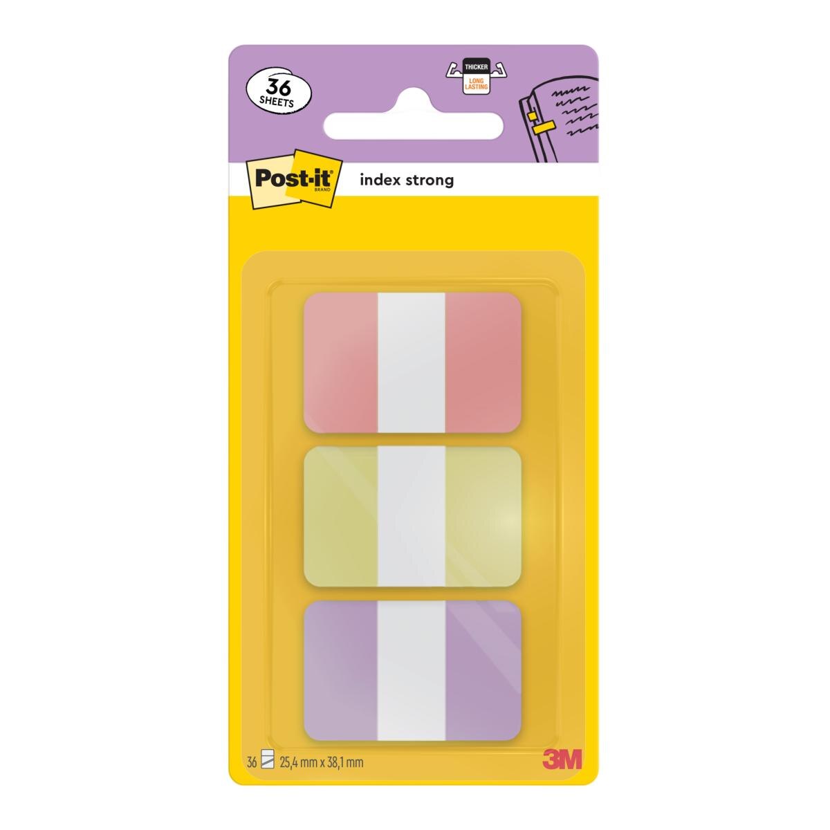 Imagem 0 de Index marcadores Post-it strong rosa pastel, amarillo y púrpura de 25,4 x 38,1 mm. 36 marcadores.