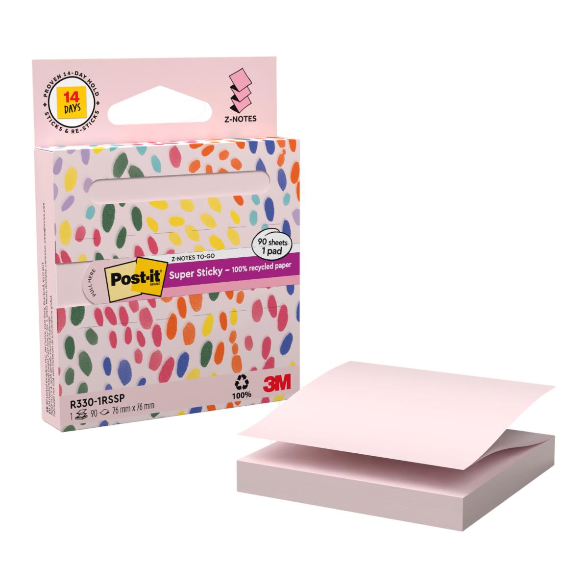 Dispensador portátil de z-notas super sticky Post-it, 100% recicladas, rosa pastel de 76 x 76 mm. Bloc de 90 Folhas Rosa-2