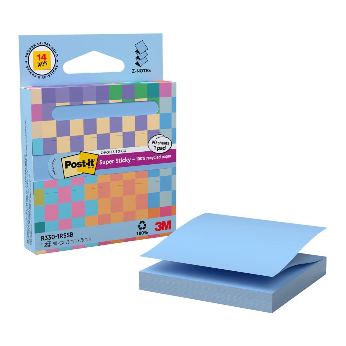 Dispensador portátil de z-notas super sticky Post-it, 100% recicladas, azul pastel de 76 x 76 mm. Bloc de 90 Folhas Azul-2