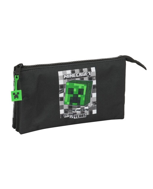 Estojo triplo Minecraft Safta preto cinza verde Preto / Cinzento / Verde-1