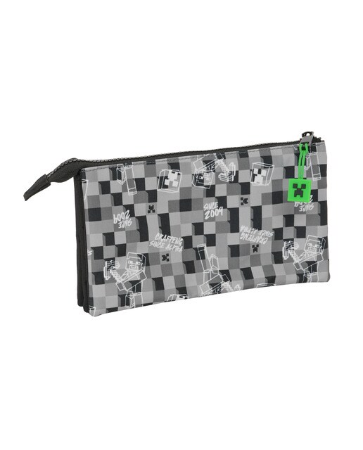 Estojo triplo Minecraft Safta preto cinza verde Preto / Cinzento / Verde-2