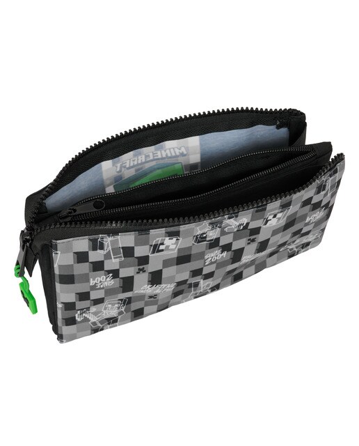 Estojo triplo Minecraft Safta preto cinza verde Preto / Cinzento / Verde-3