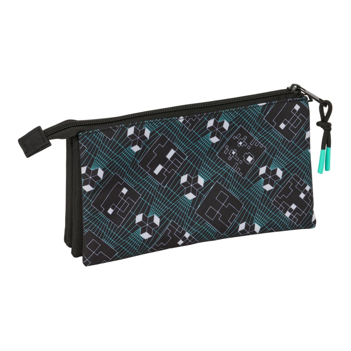 Estojo Triplo Minecraft Safta - Preto e Turquesa Preto / Turquesa-2