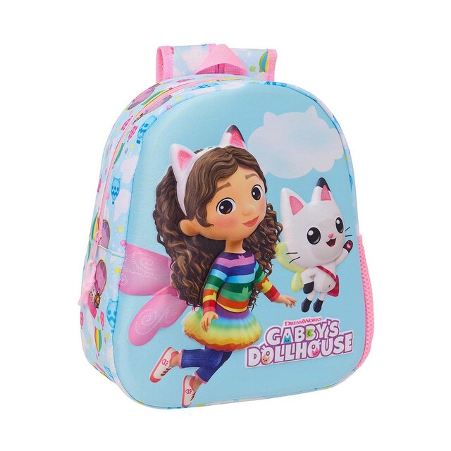 Mochila 3D Gabby's Dollhouse Safta celeste y rosa