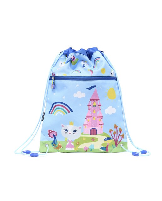 Mochila de cordão impermeável para criança com personagem Castelo e gatinho da princesa Draeger rosa Azul-1