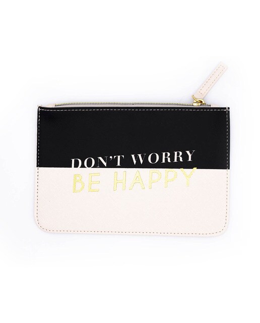 Nécessaire Don T Worry Be Happy preto, bege, branco e dourado Preto / Bege-1