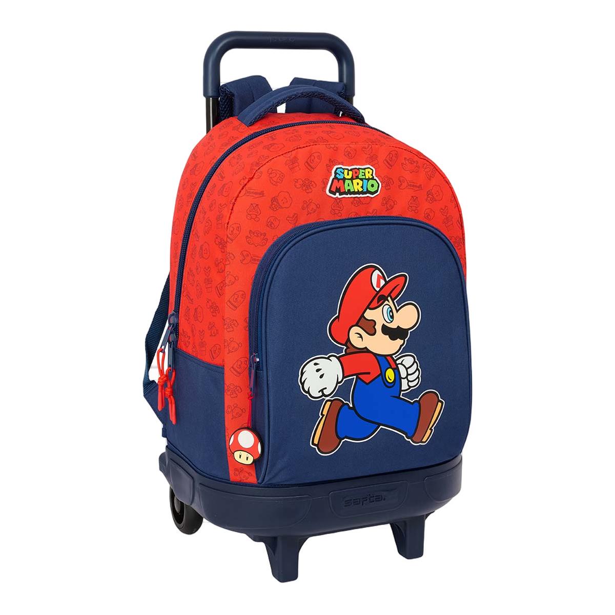 Imagem 0 de Mochila grande com rodas compact extraível Super Mario Bros Safta azul escuro e vermelho
