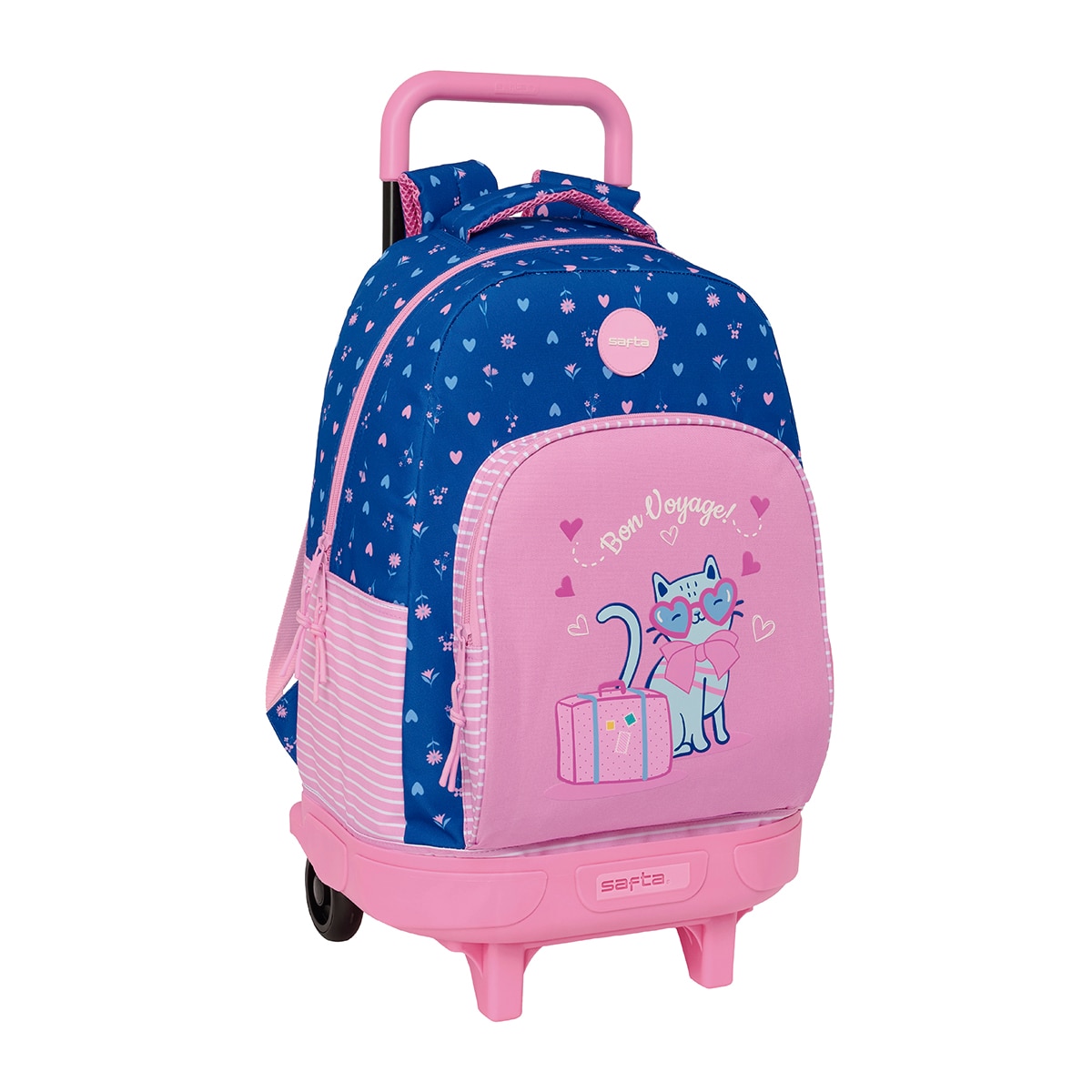 Imagen 0 de Mochila grande con ruedas compact extraíble simple Safta Kitty azul oscuro y rosa claro