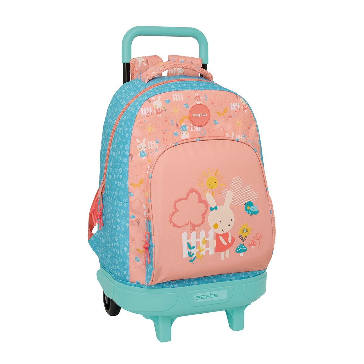 Imagem 0 de Mochila grande com rodas compactas removíveis, simples Safta Little farm verde aqua e salmão