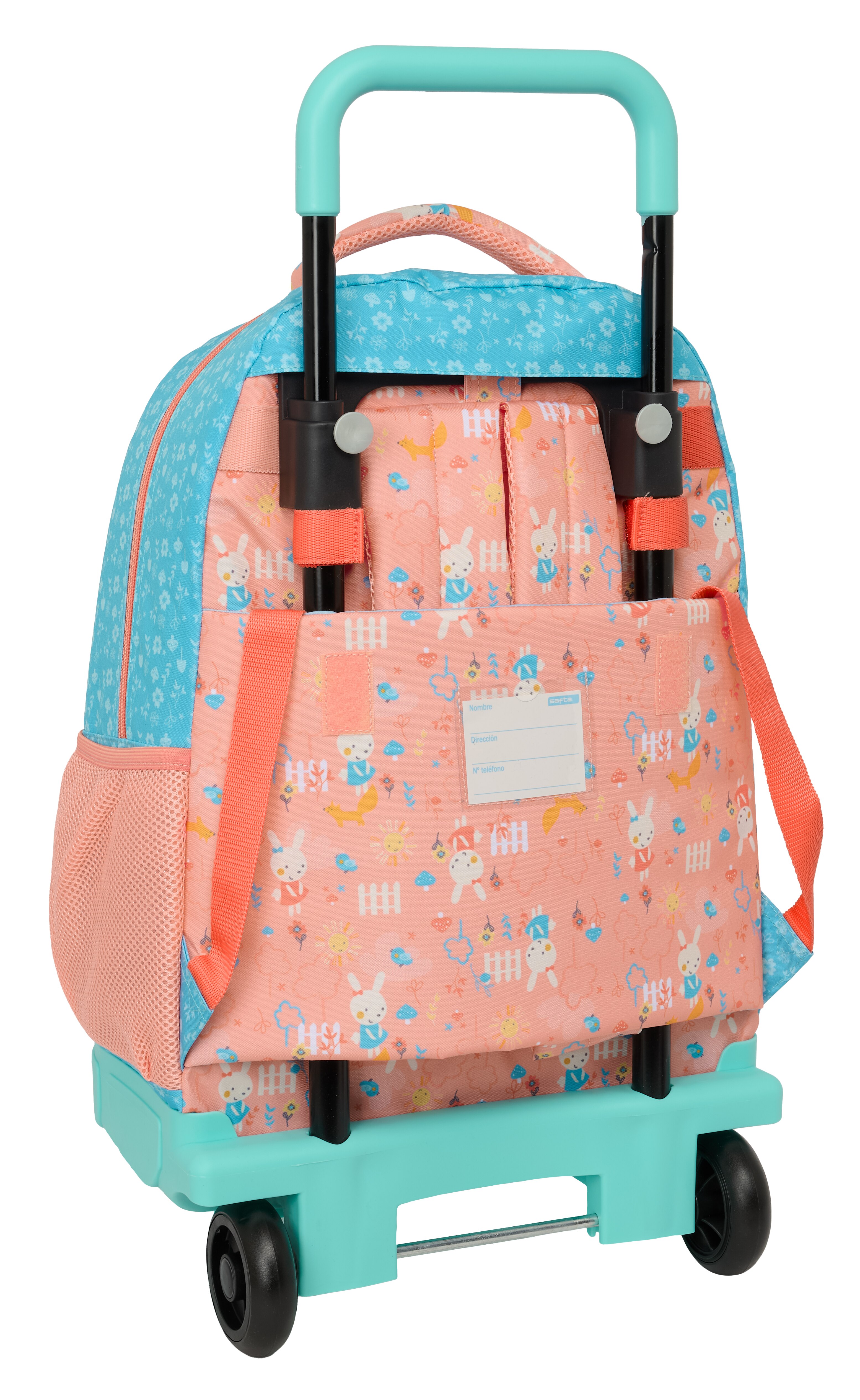 Mochila grande con ruedas compact extraíble simple Safta Little farm verde agua y salmón 2