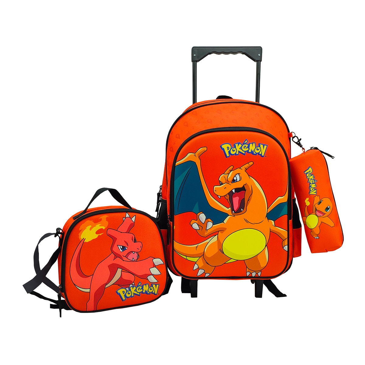 Imagem 0 de Conjunto Funcional 3 Pieças Trolley Basico mais Lancheira e Estojo Cilindrico Pokémon CyP Brands - Laranja Multicolor