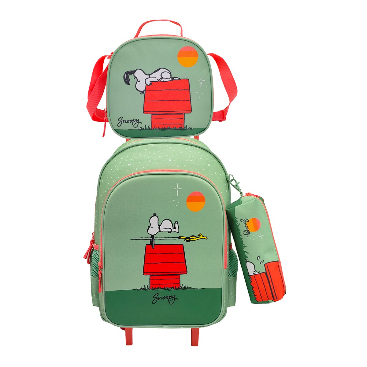 Imagem 0 de Conjunto Funcional 3 Peças Trolley Basico mais Lancheira e Estojo Cilindrico Snoopy CyP Brands - Verde Multicolor