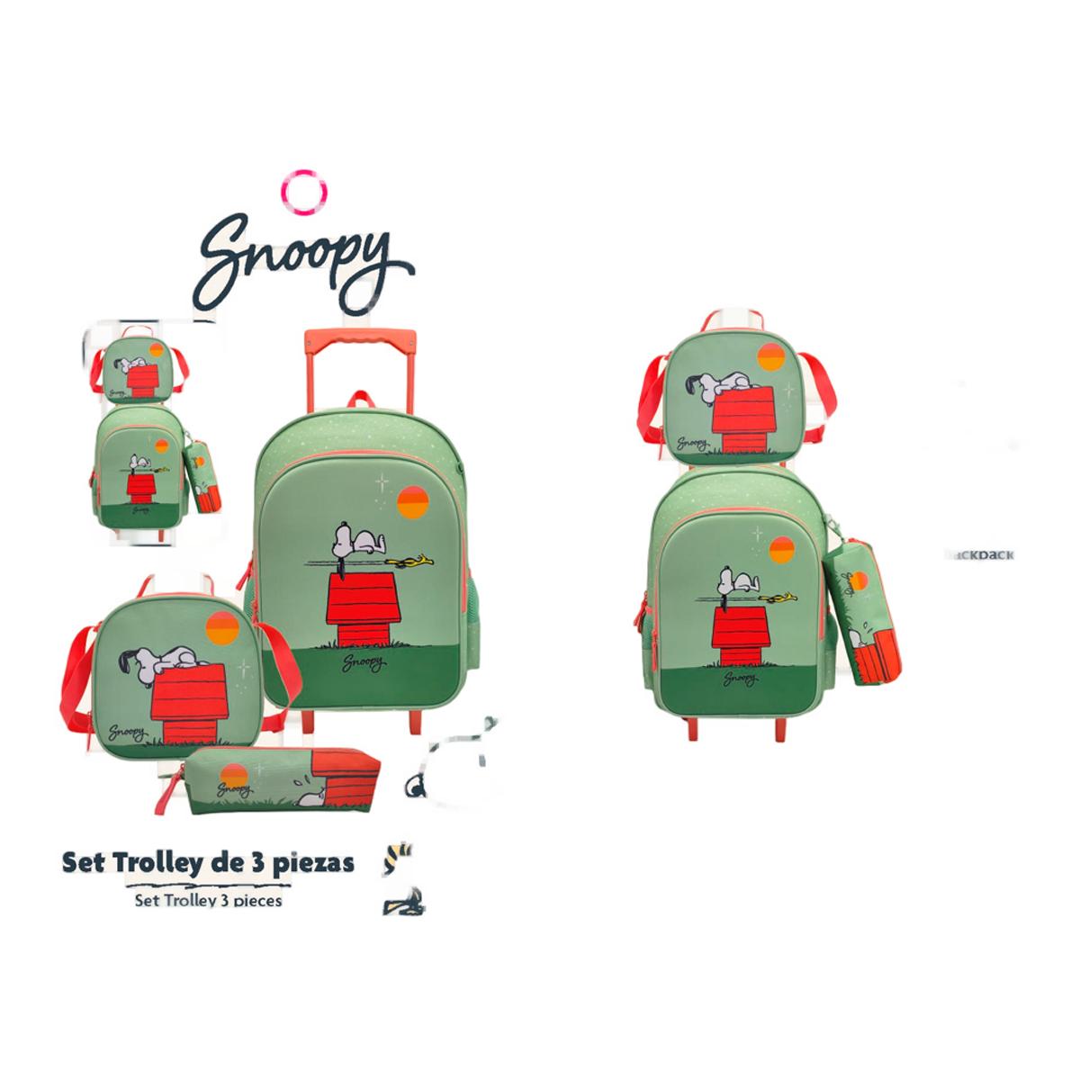 Conjunto Funcional 3 Peças Trolley Basico mais Lancheira e Estojo Cilindrico Snoopy CyP Brands - Verde Multicolor Verde / Multicolor-13