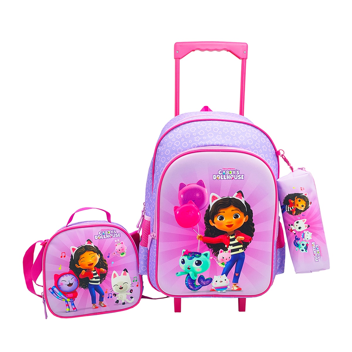 Imagem 0 de Conjunto Funcional 3 Peças Trolley Basico mais Lancheira e Estojo Cilindrico Gabby´s Dollhouse CyP Brands - Lilás Multicolor