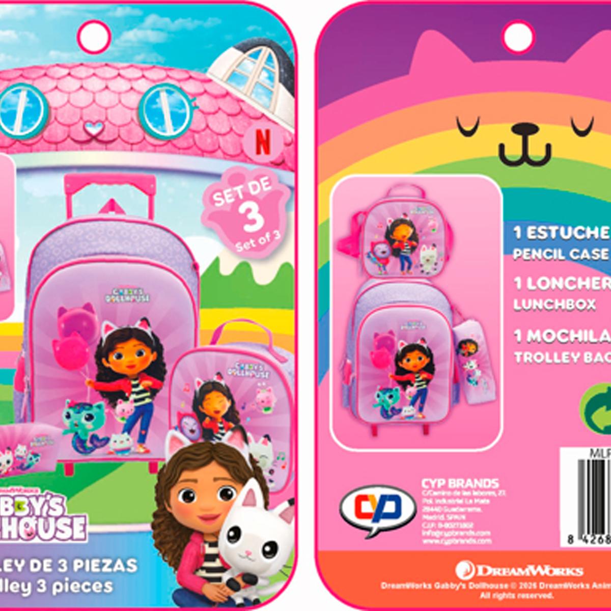 Conjunto Funcional 3 Peças Trolley Basico mais Lancheira e Estojo Cilindrico Gabby´s Dollhouse CyP Brands - Lilás Multicolor Verde / Multicolor-14
