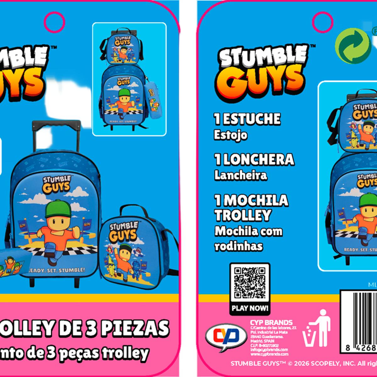 Conjunto Funcional 3 Peças Trolley Basico mais Lancheira e Estojo Cilindrico Stumble Guys CyP Brands - Azul Multicolor Verde / Multicolor-12