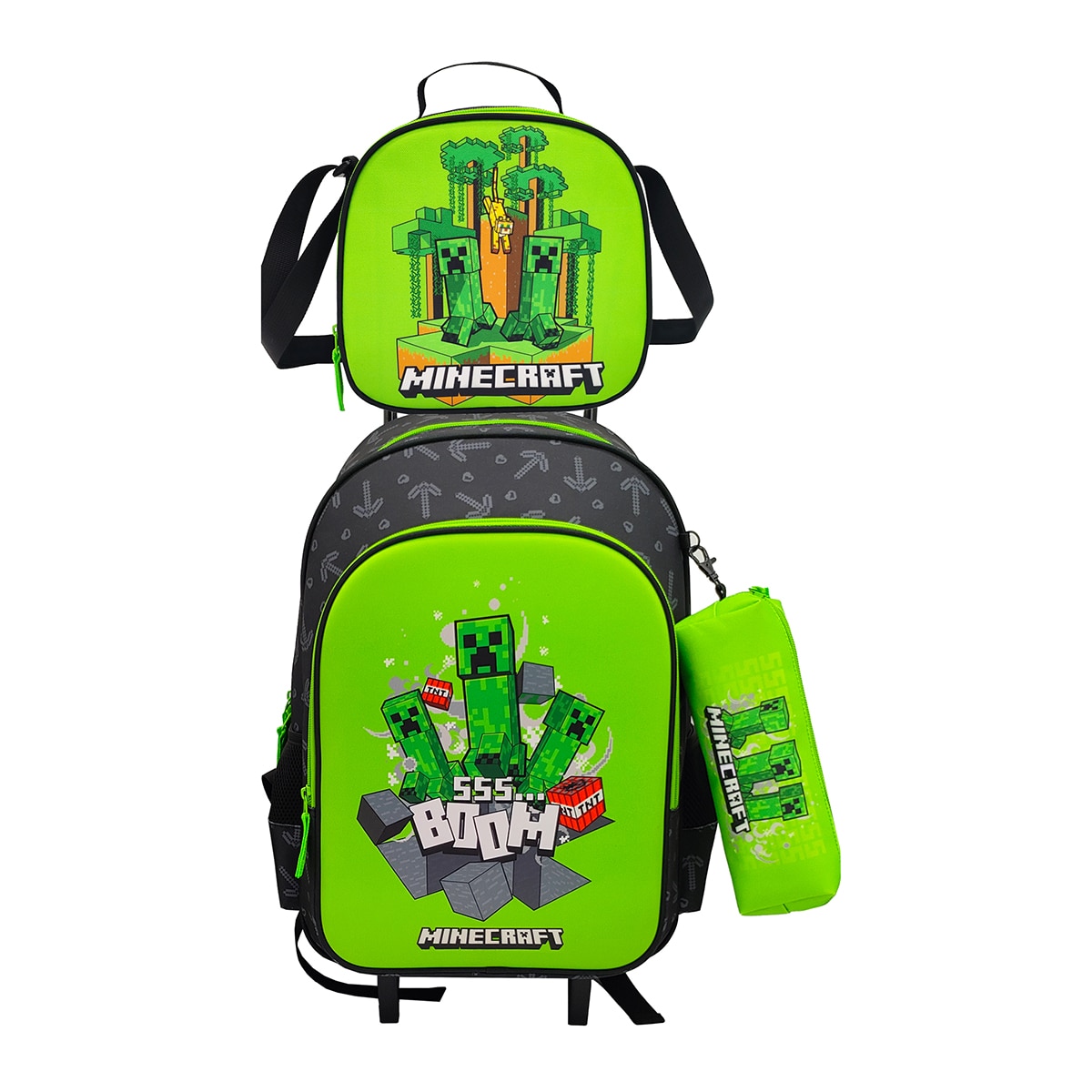 Imagem 0 de Conjunto Funcional 3 Peças Trolley Basico mais Lancheira e Estojo Cilindrico Minecraft CyP Brands - Verde Multicolor