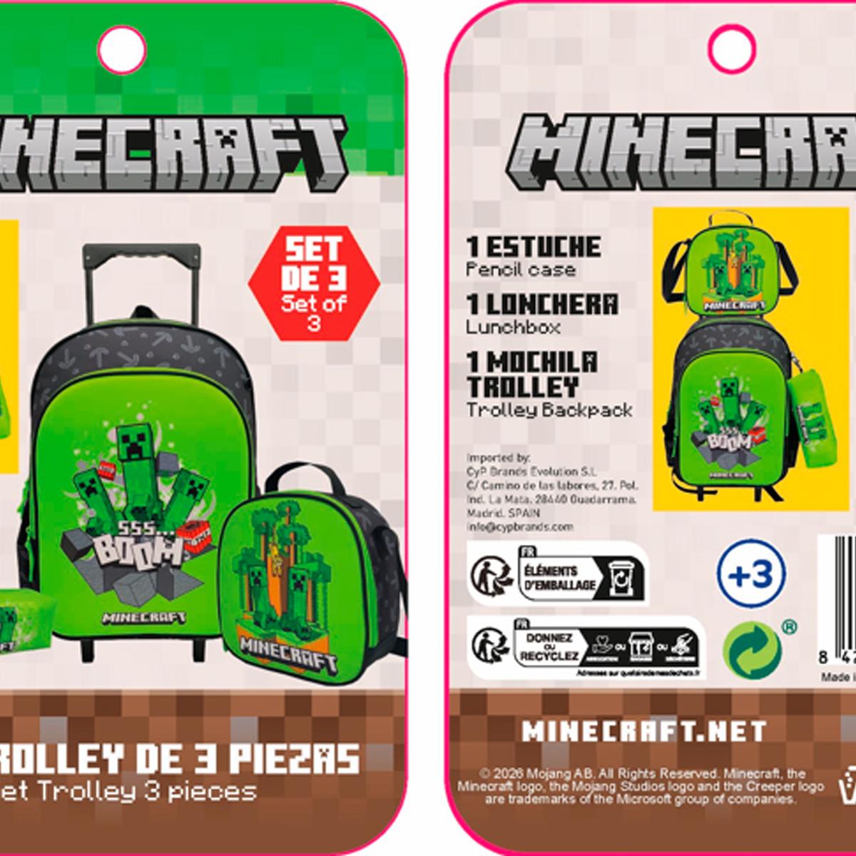Conjunto Funcional 3 Peças Trolley Basico mais Lancheira e Estojo Cilindrico Minecraft CyP Brands - Verde Multicolor Verde / Multicolor-13