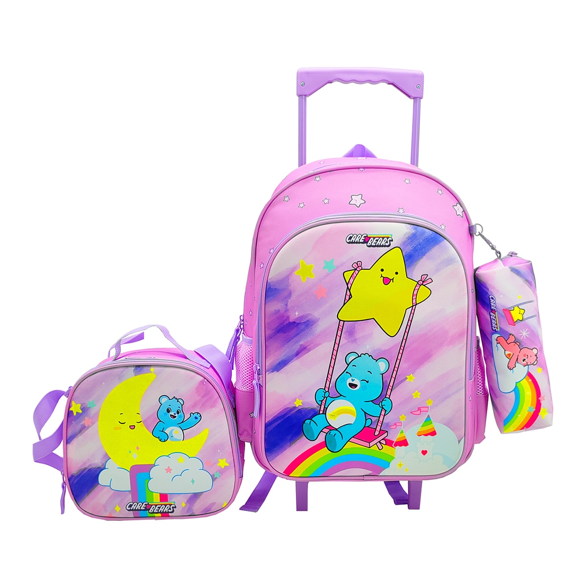 Imagem 0 de Conjunto Funcional 3 Peças Trolley Basico mais Lancheira e Estojo Cilindrico Care Bears CyP Brands - Malva Multicolor