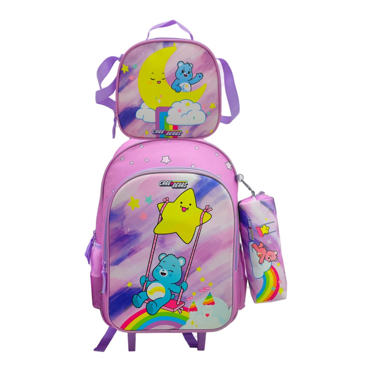 Conjunto Funcional 3 Peças Trolley Basico mais Lancheira e Estojo Cilindrico Care Bears CyP Brands - Malva Multicolor Verde / Multicolor-2