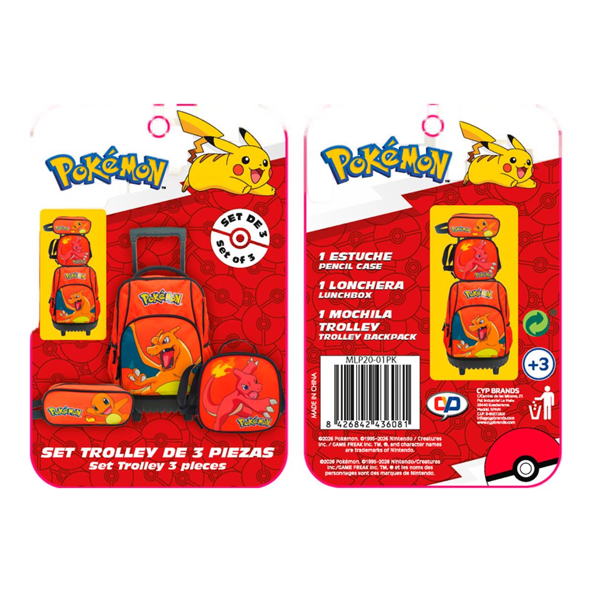 Conjunto Compacto 3 Peças Trolley Basico mais Lancheira e Estojo Cilindrico Pokémon CyP Brands - Laranja Multicolor Laranja / Multicolor-14