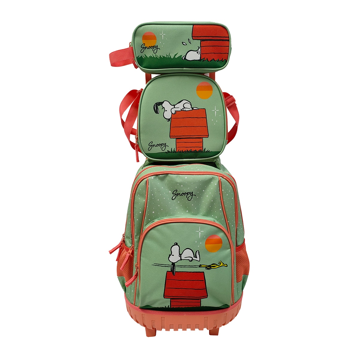 Imagem 0 de Conjunto Compacto 3 Peças Trolley Basico mais Lancheira e Estojo Cilindrico Snoopy CyP Brands - Verde Multicolor