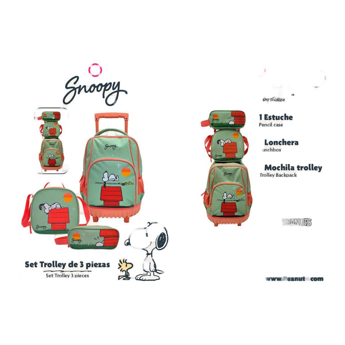 Conjunto Compacto 3 Peças Trolley Basico mais Lancheira e Estojo Cilindrico Snoopy CyP Brands - Verde Multicolor Verde / Multicolor-14