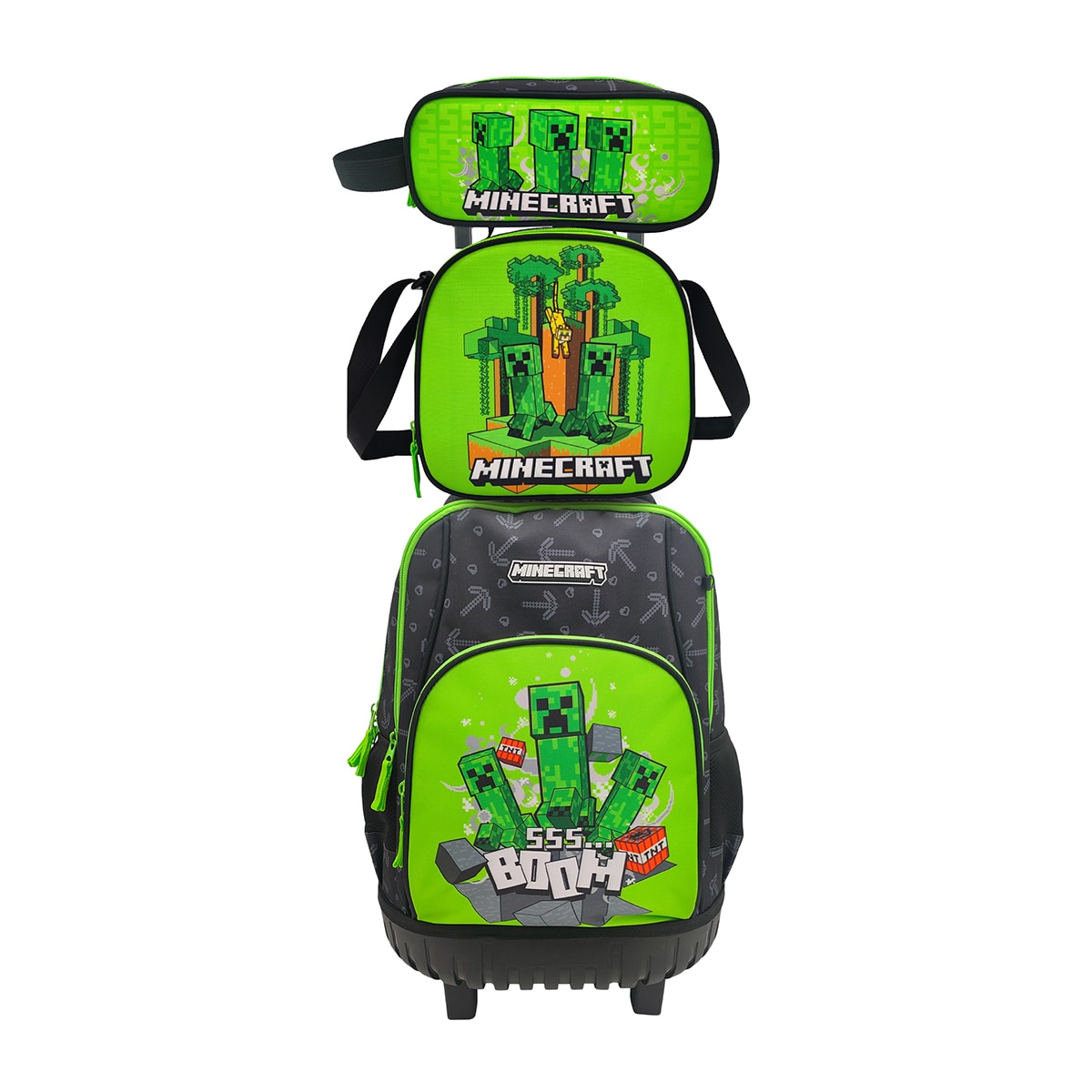 Imagem 0 de Conjunto Compacto 3 Peças Trolley Basico mais Lancheira e Estojo Cilindrico Minecraft CyP Brands - Verde Multicolor
