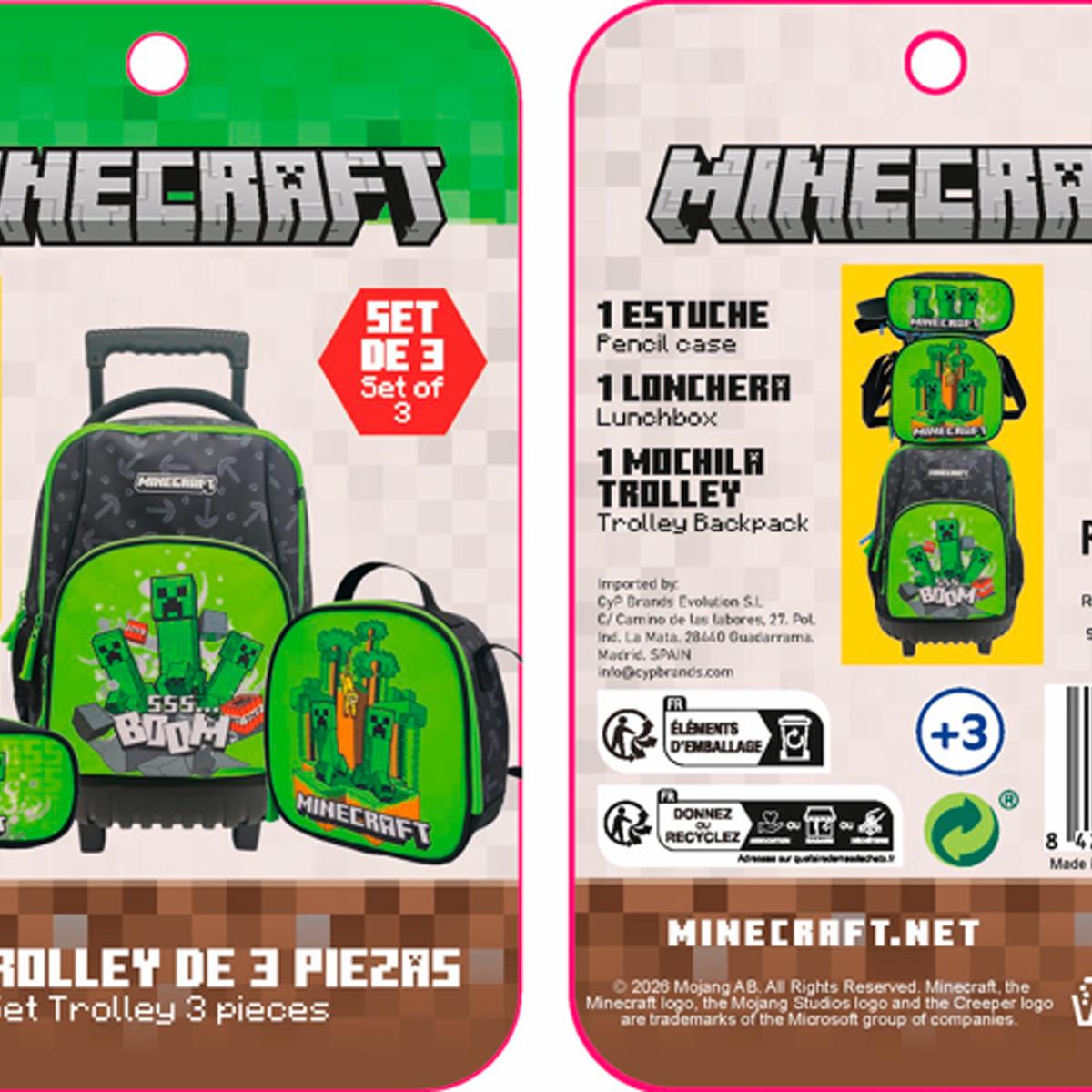 Conjunto Compacto 3 Peças Trolley Basico mais Lancheira e Estojo Cilindrico Minecraft CyP Brands - Verde Multicolor Verde / Multicolor-14