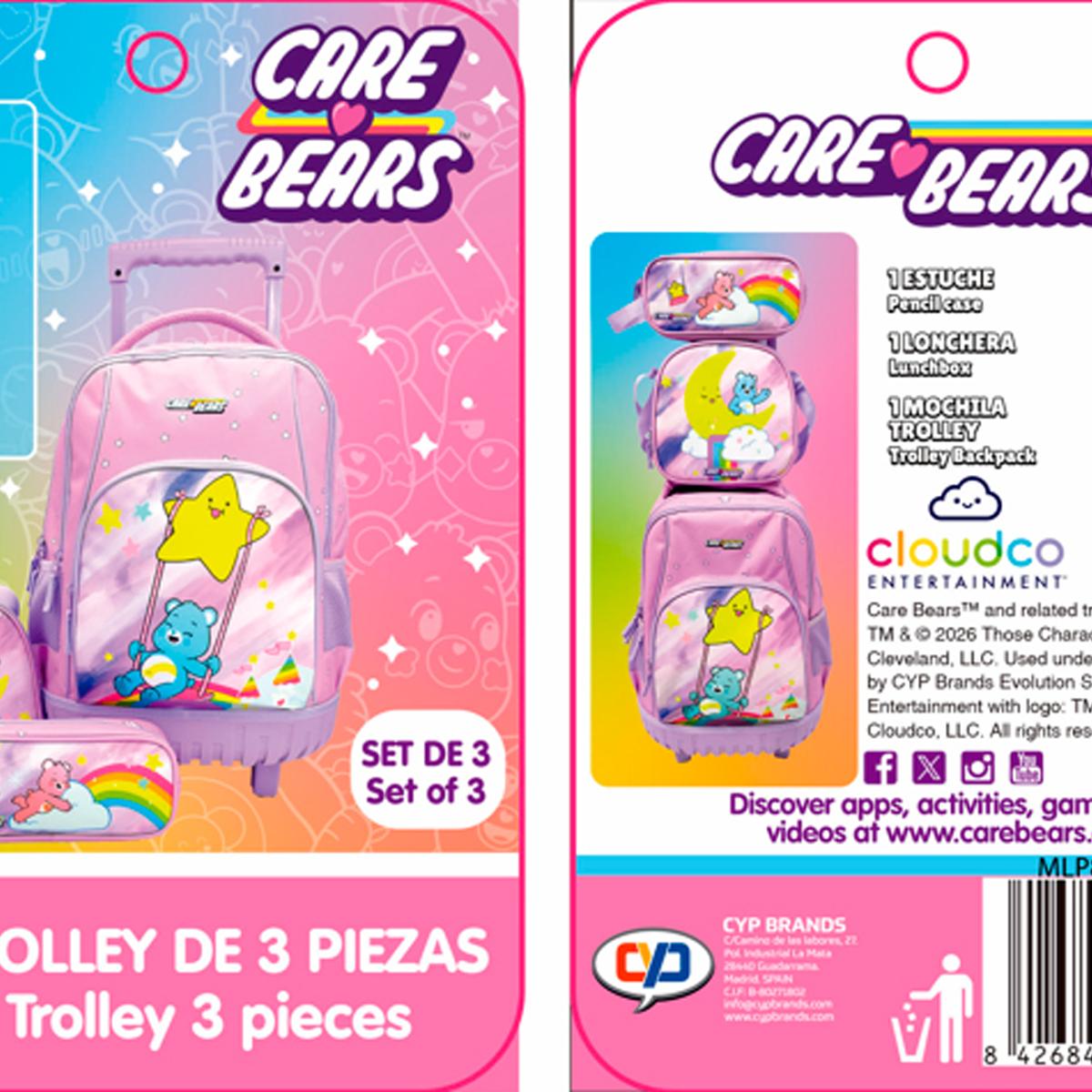 Conjunto Compacto 3 Peças Trolley Basico mais Lancheira e Estojo Cilindrico Care Bears CyP Brands - Malva Multicolor Malva-13