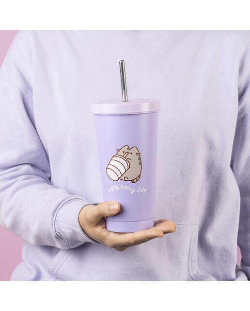Copo de aço inoxidável com palhinha Pusheen Moments Erik lilás Lilás-4
