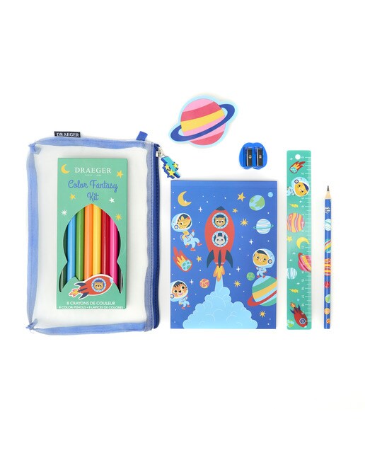 Kit de escrita Draeger vermelho e azul com ilustração do planeta Draeger Transparente-1