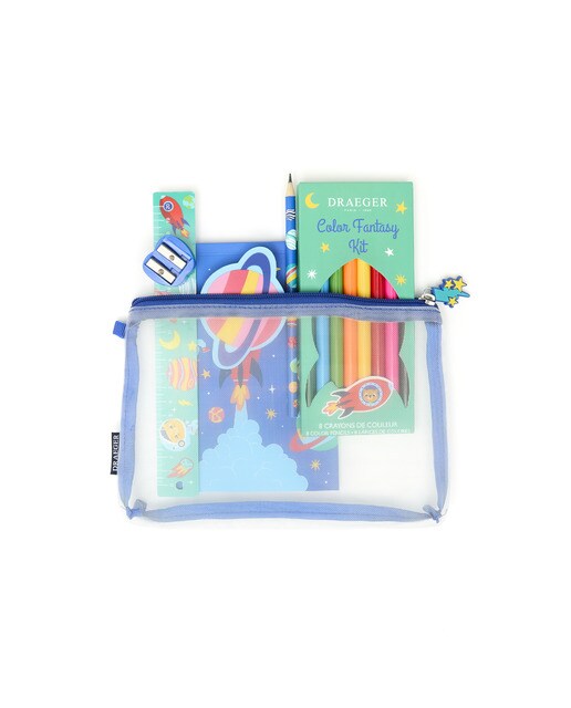 Kit de escrita Draeger vermelho e azul com ilustração do planeta Draeger Transparente-2