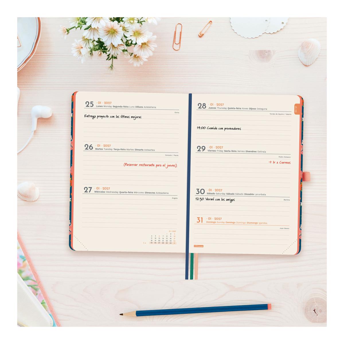 Agenda Encadernada 2027 Mínimal Design M4-118x168 mm Semanal Horizontal Flora Finocam Multicolor Multilingue Multicolor-3
