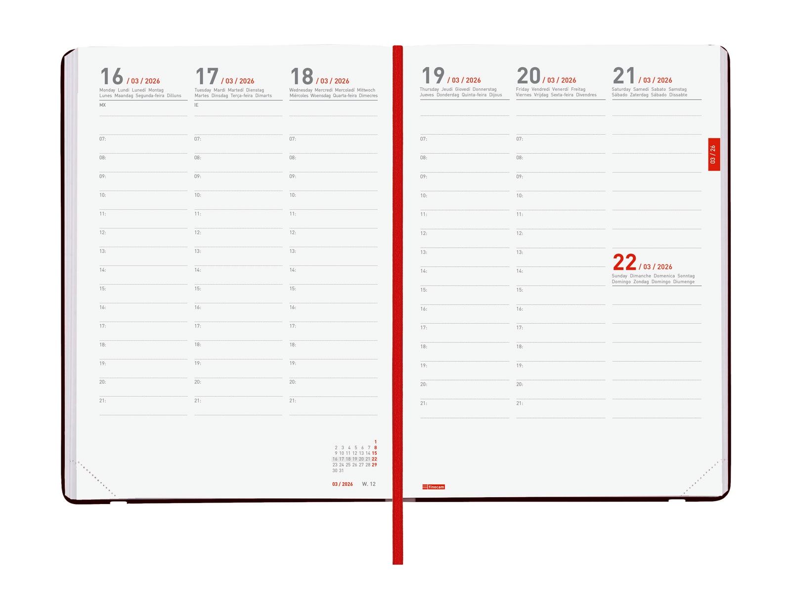 Agenda 18 meses julio 2025-diciembre 2026 Mara Y10-140x204 mm semana vista vertical Finocam rojo internacional multilingüe Rojo-5