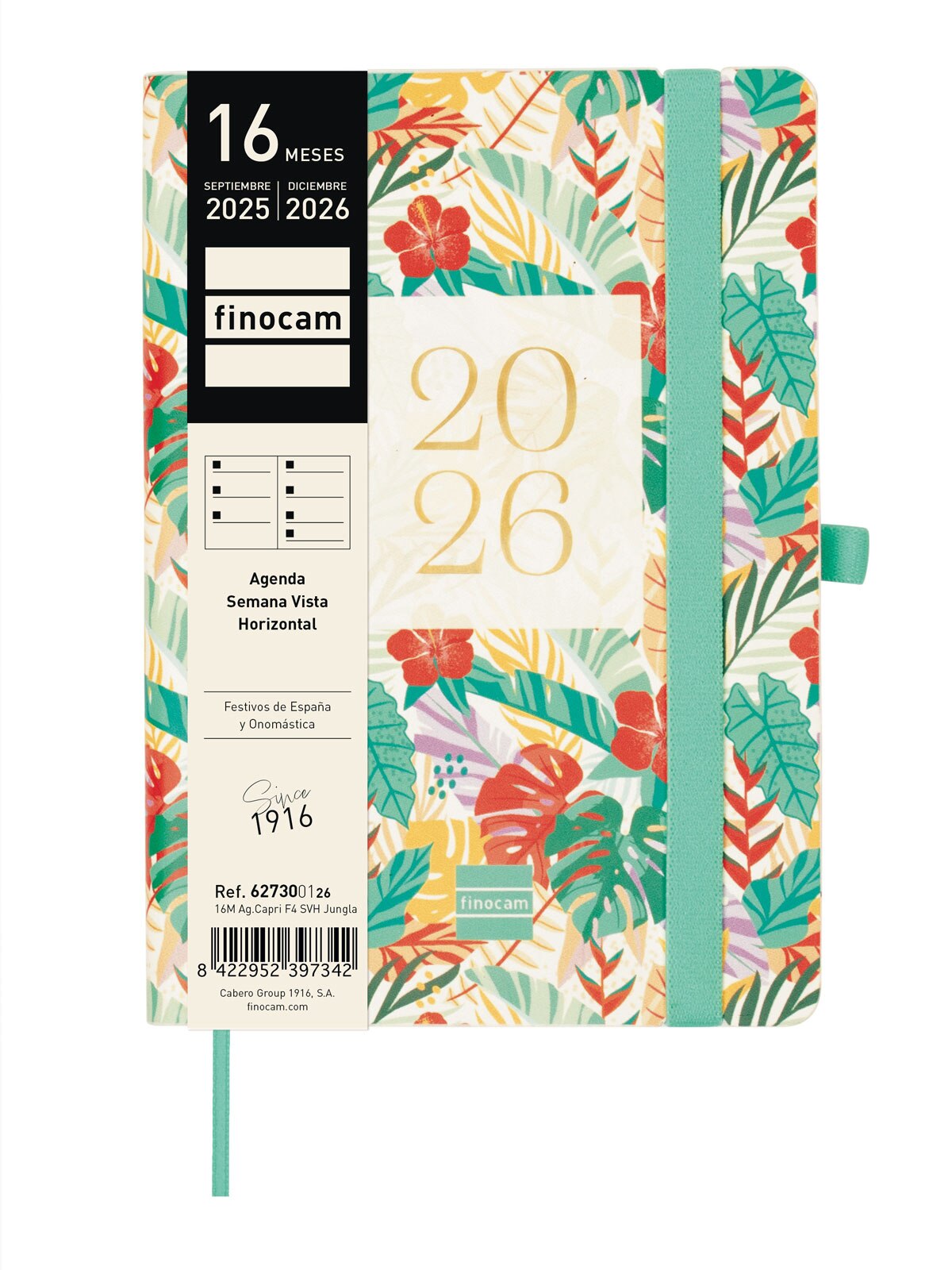 Agenda 16 meses septiembre 2025-diciembre 2026 Capri F4-118x168 mm semana vista horizontal Jungla Finocam Multicolor-2