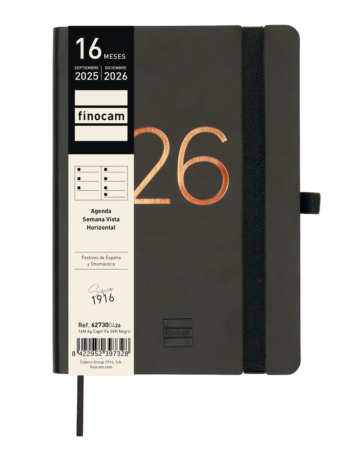 Agenda 16 meses septiembre 2025-diciembre 2026 Capri F4-118x168 mm semana vista horizontal Finocam negro Negro-2