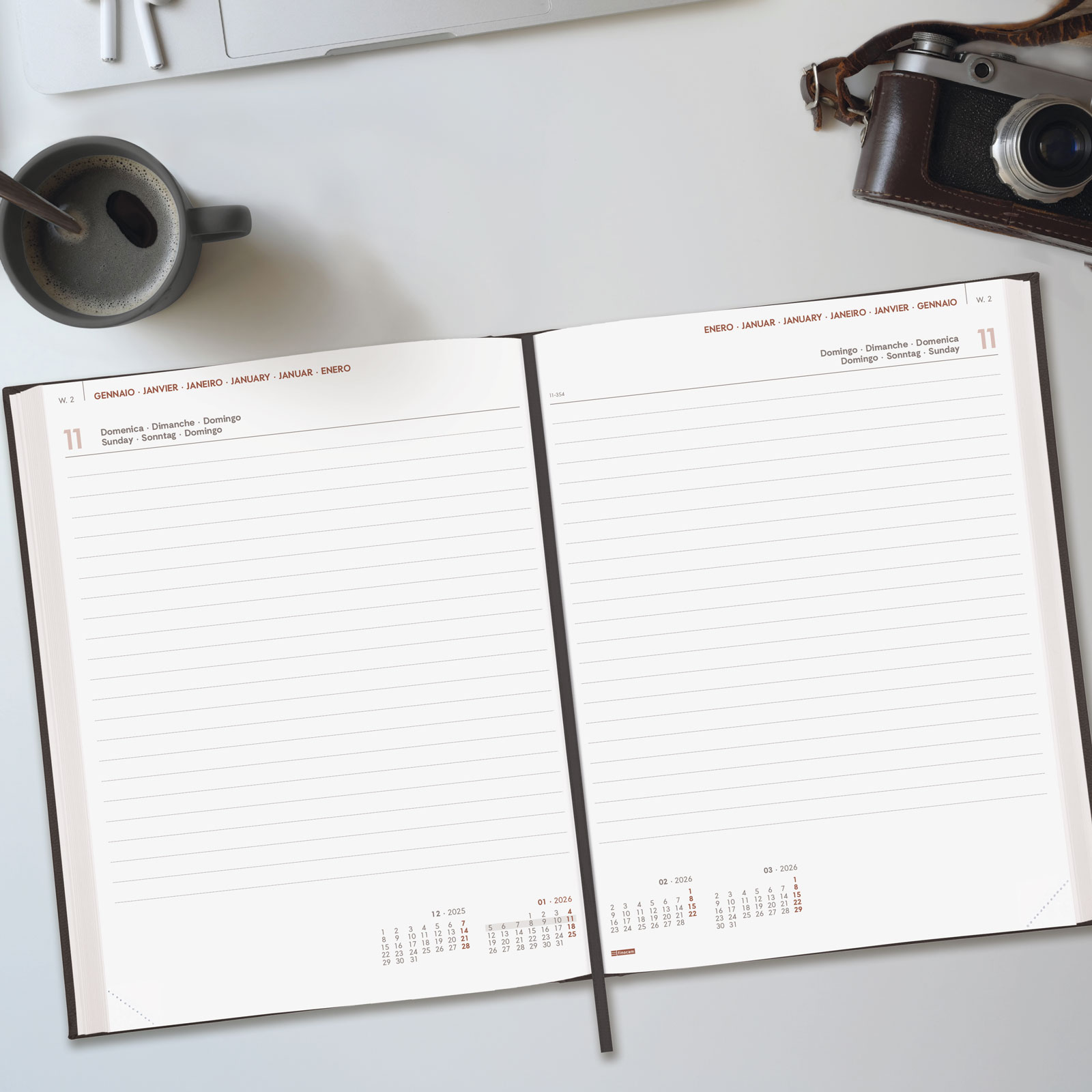Agenda encuadernada año 2026 Dynamic Milano Y12-210x270 mm 2 Páginas Día Finocam negro internacional multilingüe 3