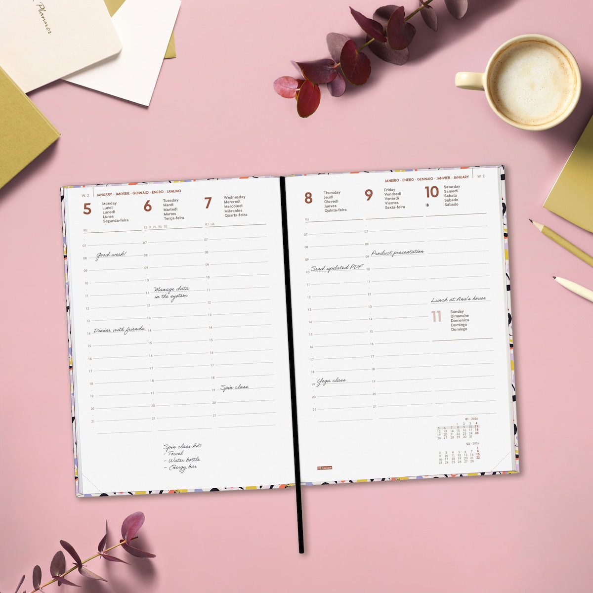Agenda encuadernada año 2026 Dynamic Porto Design Y10-140x204 mm Semana Vista Vertical Malva Finocam multicolor internacional multilingüe Multicolor-3